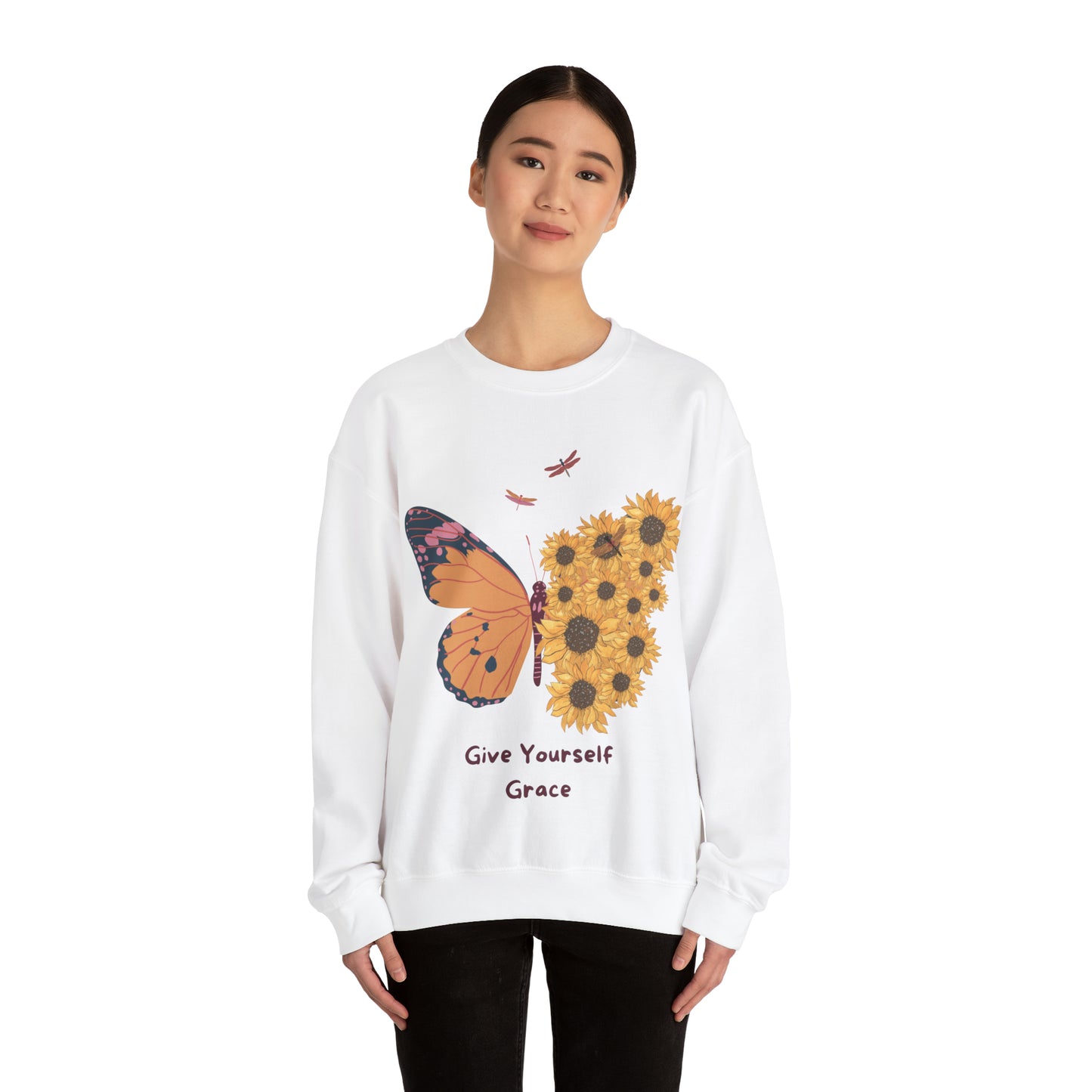 "Give Yourself Grace" Heavy Blend Crew Neck Sweater with Floral Butterfly